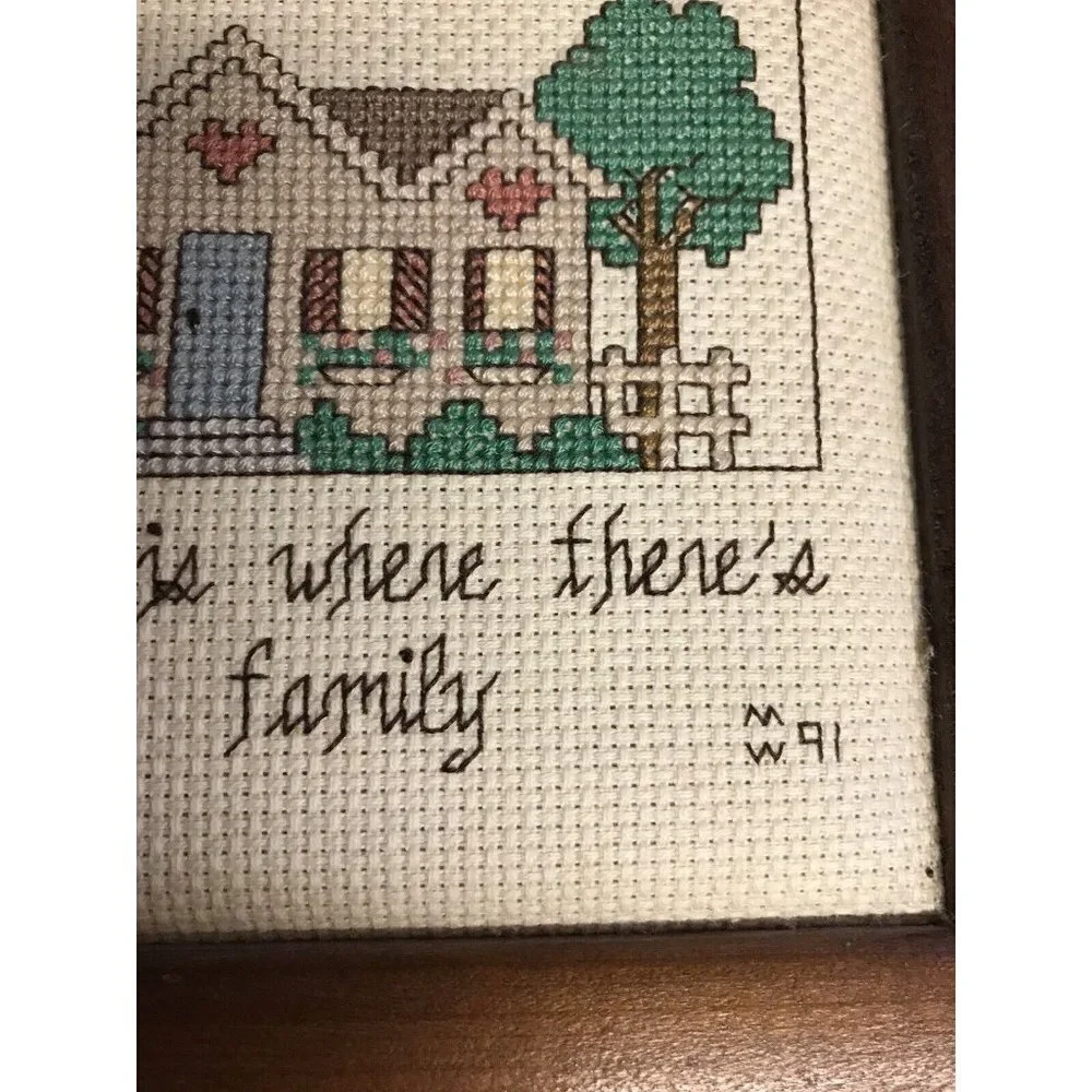 Framed Vintage 1991 Handmade Needlepoint “Home is where’s there’s family” 6x6”